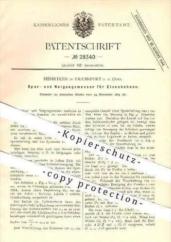 original Patent - Mehrtens , Frankfurt  Oder 1883 , Spurmesser , Neigungsmesser für Eisenbahnen , Eisenbahn , Lokomotive