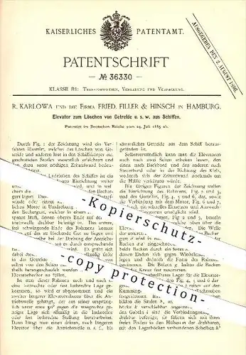 original Patent - R. Karlowa , Fried. Filler & Hinsch / Hamburg , 1885 , Elevator zum Löschen von Getreide aus Schiffen