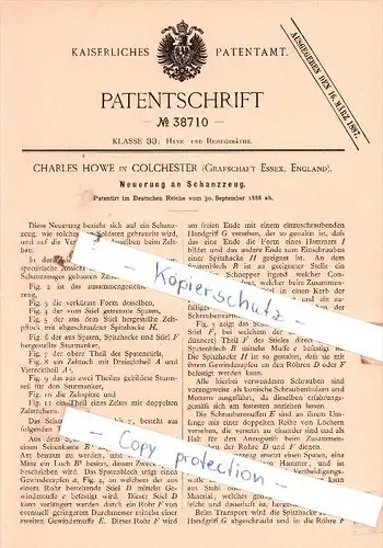 Original Patent  - Charles Howe in Colchester , Grafschaft Essex, England , 1886 , Schanzzeug !!!