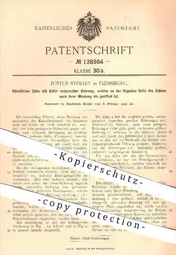 original Patent - Justus Stolley in Flensburg , 1902 , Künstlicher Zahn , Zähne , Zahnarzt , Medizin , Stiftzahn !!!