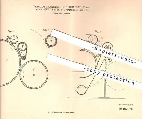 original Patent - Traugott Goldberg , Neukirchen , Pleisse , August Beyer , Crimmitschau . 1898 , Volant für Krempeln