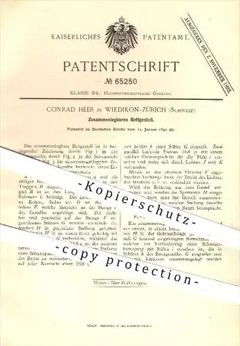 original Patent - Conrad Heer , Wiedikon - Zürich , Schweiz , 1892, Zusammenlegbares Bettgestell , Bett , Betten , Möbel