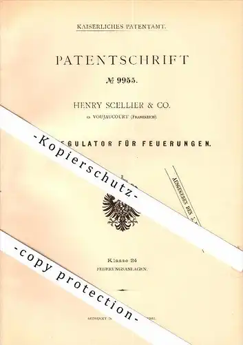 Original Patent - Henry Schellier & Co. à Voujeaucourt , 1879 , Régulateur pour le chauffage , Montbéliard !!!