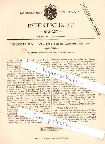 Original Patent - F. Hahn in Amalienhütte bei Laasphe , Westfalen , 1881 , Regulir-Füllofen !!!