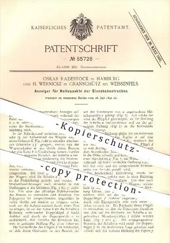 original Patent - O. Radestock , Hamburg & H. Wernicke , Granschütz , 1890 , Anzeiger für Haltepunkte an Bahnstrecken !!