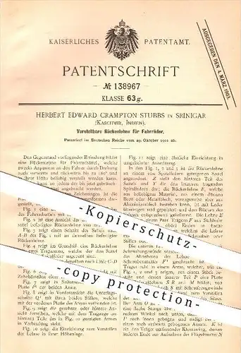 original Patent - Herbert E. Crampton Stubbs , Srinigar , Kaschmir , Indien , 1901 , Rückenlehne für Fahrräder , Fahrrad