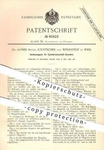 original Patent - Dr. Alfred Ritter Jurnitschek von Wehrstedt , Wien , 1891, Kastenmagazin für Gewehre , Gewehr , Waffen