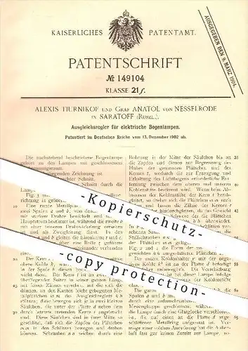 original Patent - Alexis Tiurnikof u. Graf Anatol von Nesselrode , Saratoff , Russland , 1902 , Regler für Bogenlampen !