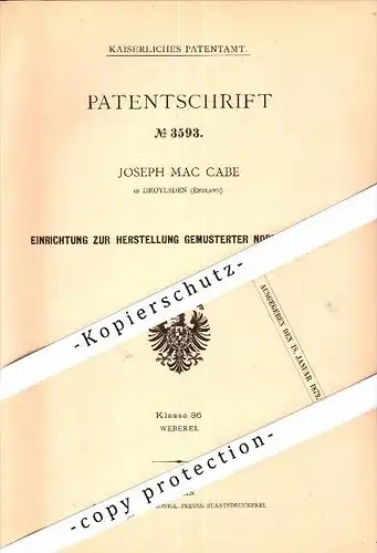 Original Patent - oseph Mc Cabe in Droylsden , England , 1877 , Producing patterned fabrics , weaving , Tameside !!!