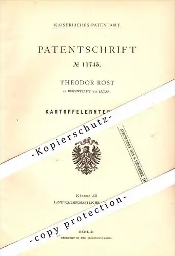 Original Patent-T. Rost in Brennstadt b. Sagan ,1880, Kartoffel- Erntepflug , Agrar , Landwirtschaft , Zagan , Schlesien