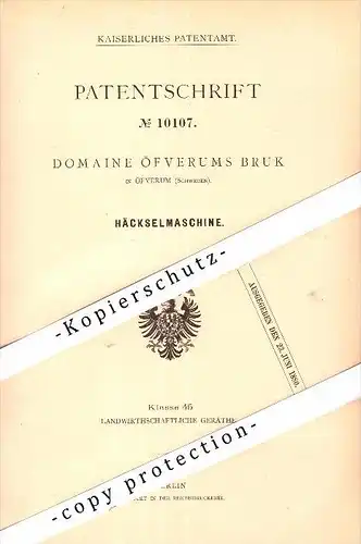 Original Patent - Domaine Överums Bruk i Överum , Kongskilde , 1880 , Hackning maskin , jordbruk , Sverige !!!