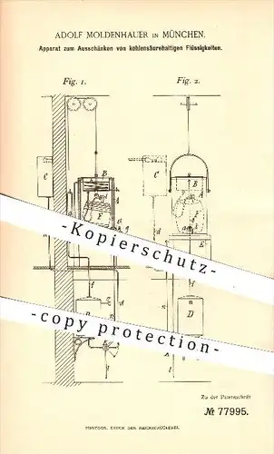 original Patent - Adolf Moldenhauer in München , 1893 , Ausschank von kohlensäurehaltigen Getränken !!!