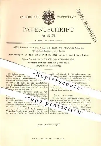 original Patent - Aug. Behne , Harburg a. d. Elbe , Feodor Siegel , Schönebeck , 1881 , Steuerhahn , Dampfmaschinen !!!