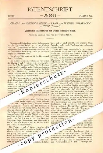 Original Patent - W. Pozarecky in Bysic und J. Sebek in Prag , 1878 , Quecksilber-Thermometer , Mlada Boleslav , Böhmen