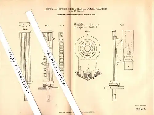 Original Patent - W. Pozarecky in Bysic und J. Sebek in Prag , 1878 , Quecksilber-Thermometer , Mlada Boleslav , Böhmen