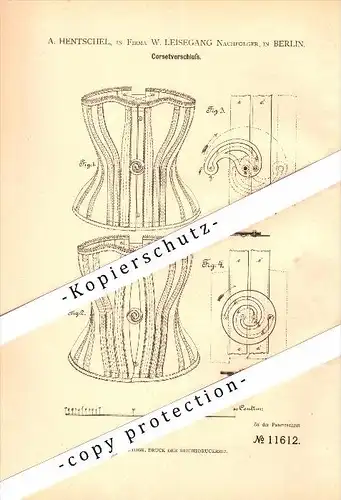 Original Patent - A. Hentschel in Berlin , 1880 , Corset , Korsett , Fa. Leisegang !!!