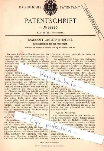 Original Patent - T. Ortlepp in Erfurt , 1886 , Rechenmaschine für den Unterricht , Schule . Mathematik !!!