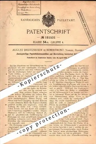 Original Patent - August Breitenstein à Remiremont , Vosges , 1905 , Fabrication de manchons coniques !!!