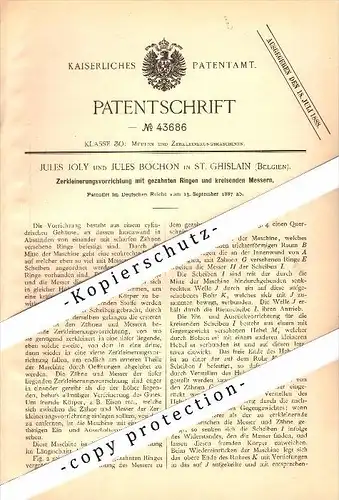 Original Patent - Jules Joly und J. Bochon in Saint-Ghislain , 1887 , Zerkleinerungsapparat , Maschine !!!