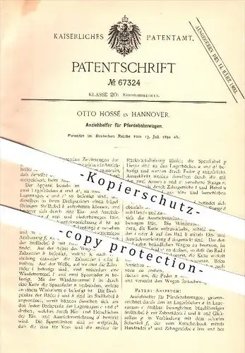 original Patent - Otto Hossé in Hannover , 1892 , Anziehhelfer für Pferdebahnwagen , Eisenbahn , Bremse , Fahrzeugbau !!