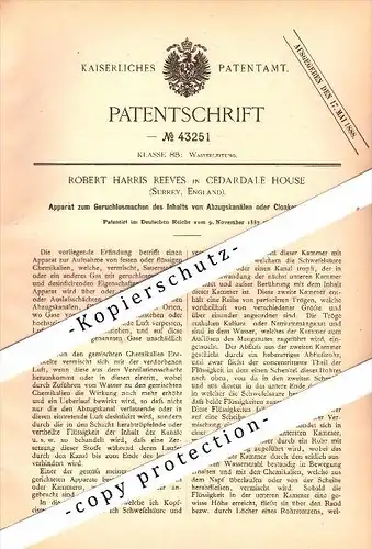 Original Patent - Robert Reeves in Cedardale House , Surrey , 1887 , Apparatus against the smell of toilets !!!