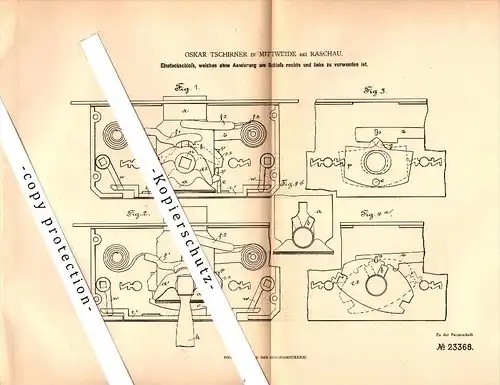 Original Patent - Oskar Tschirner in Mittweide b. Raschau , 1882 , Einsteckschloß , Schlosserei , Raschau-Markersbach !!