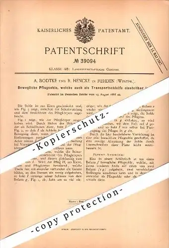 Original Patent - A. Bodtke und R. Hencke in Rehden / Radzyn Chelminski , 1886 , Pflug , Agrar , Westpreussen !!!