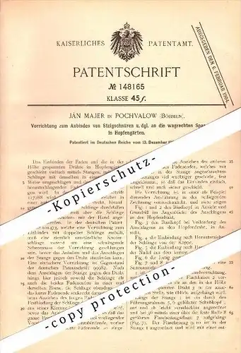 Original Patent - Jan Majer in Pochvalow / Pochvala , Böhmen ,1902, Apparat für Hopfenbau , Hopfen , Bier , Brauerei !!!