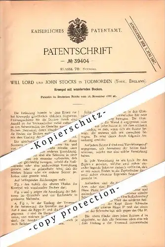 Original Patent - Will Lord and John Stocks in Todmorden , Yorkshire , 1886 , Apparatus for spinning  !!!