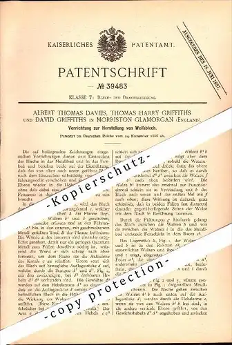 Original Patent - A. Davies and Th. Griffiths in Morriston Glamorgan , 1886 , Production of sheet metal !!!