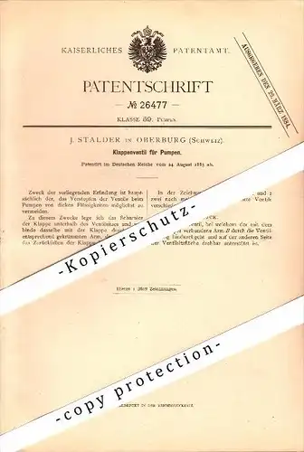 Original Patent - J. Stalder in Oberburg , Schweiz , 1883 , Klappenventil für Pumpen !!!