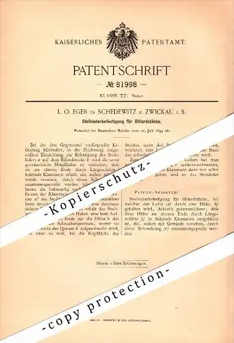 Original Patent - L.O. Eger in Schedewitz b. Zwickau , 1894 , Billardstöcke , Billard , Queue !!!