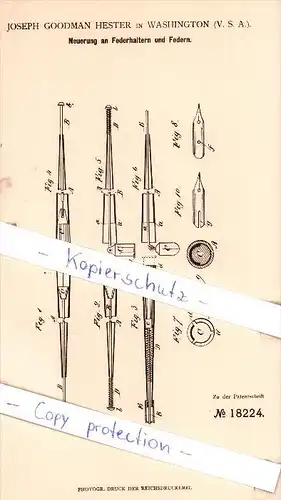 Original Patent - Joseph Goodman Hester in Washington , USA , 1881 , Federhalter und Feder !!!