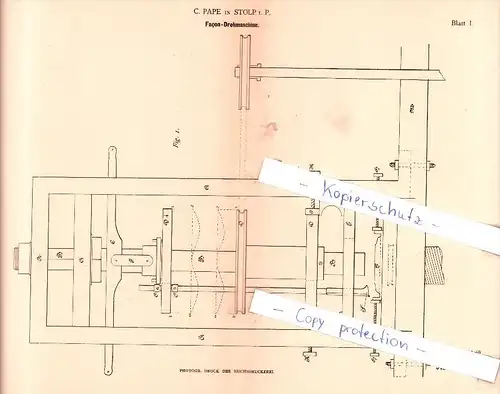 Original Patent - C. Pape in Stolp i. P. / Slupsk , 1883 , Facon-Drehmaschine !!!