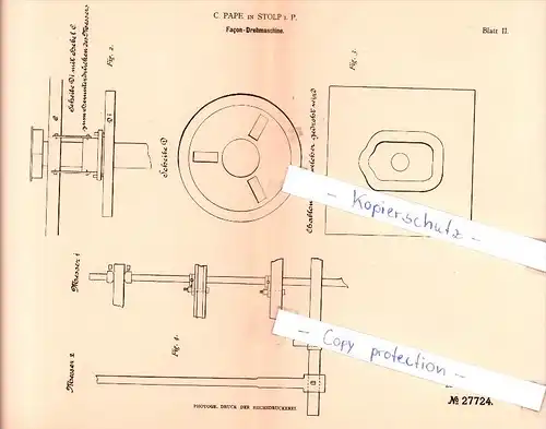 Original Patent - C. Pape in Stolp i. P. / Slupsk , 1883 , Facon-Drehmaschine !!!