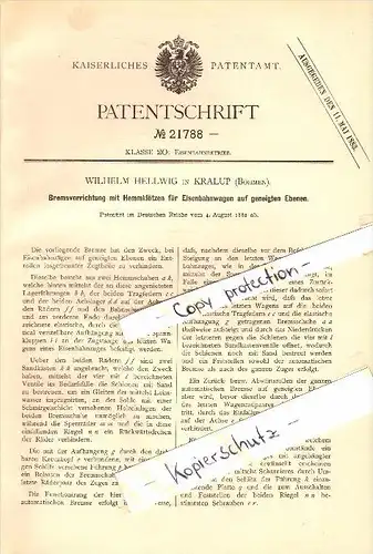 Original Patent - Wilhelm Hellwig in Kralup / Kralupy nad Vltavou , 1882 , Bremse für Eisenbahn , Moldau !!!