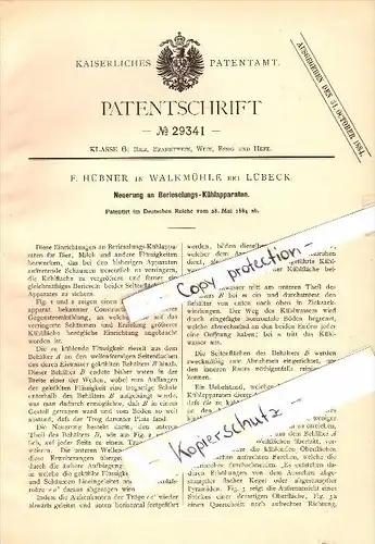 Original Patent - F. Hübner in Walkmühle b. Lübeck , 1884 , Kühlapparat für Brauerei , Bier , Lück !!!