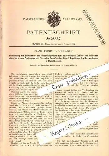 Original Patent - Franz Trinks in Schladen a. Harz , 1883 , Apparat für Dampfkessel , Dampfmaschine !!!