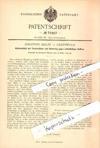 Original Patent - Johannes Hiller in Greifswald i. Mecklenburg , 1893 , Kettenschloß mit Torsionsfeder , Maschinenbau !!