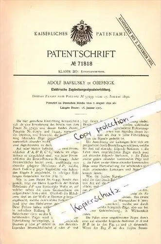 Original Patent - Adolf Barkusky in Obernigk / Oborniki Slaskie&#8203; , 1892 , Signaleinrichtung für Eisenbahn !!!