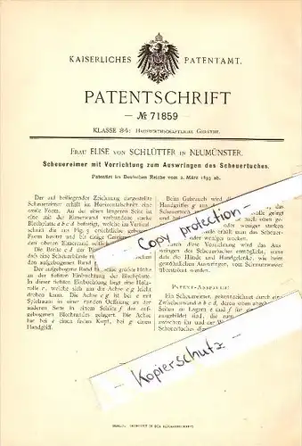 Original Patent - Elise von Schlütter in Neumünster , 1893 , Scheuereimer mit Auswringvorrichtung !!!