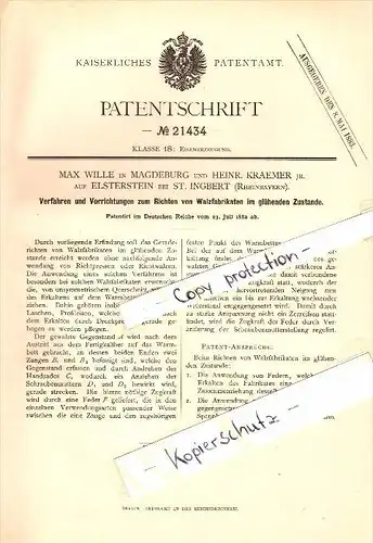 Original Patent - H. Kraemer auf Elsterstein b. St. Ingbert , 1882 , Richten von glühenden Walzfabrikaten , Walzwerk !!!