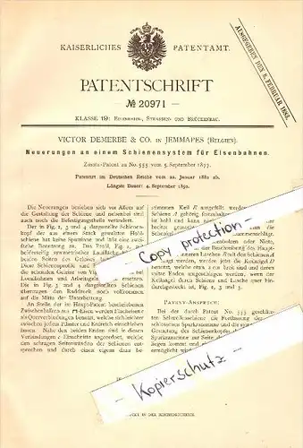 Original Patent - Victor Demerbe & Co in Jemmapes , Belgien , 1882 , Schienensystem für Eisenbahn !!!