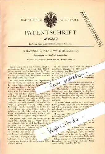 Original Patent - G. Kastner à Soultz-sous-Forets / Sulz unterm Wald , 1882 , Cadre de fil pour le houblon !!!