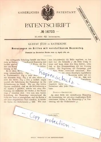 Original Patent - Gustav Jüch in Rathenow , 1881 , Neuerungen an Brillen mit Nasensteg !!!