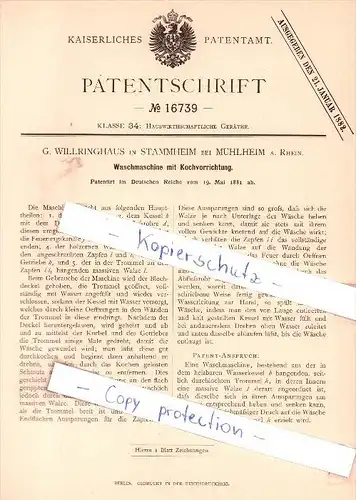 Original Patent - G. Willringhaus in Stammheim bei Mühlheim a. Rhein , 1881 , Waschmaschine , Stuttgart !!!