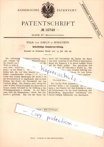 Original Patent - Wilhelm von Ameln in Burscheid , 1881 , Selbstthätige Schmiervorrichtung !!!