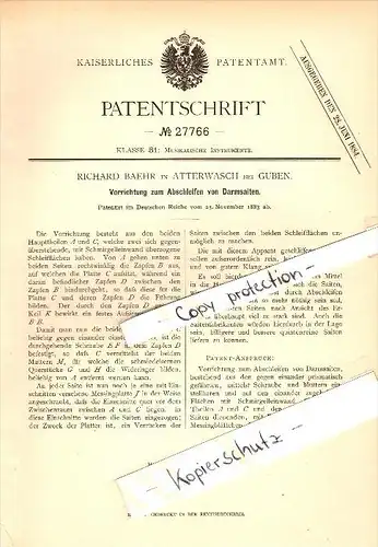 Original Patent - Richard Baehr in Atterwasch b. Schenkendöbern , 1883 , Apparat für Darmsaiten , Musik , Guben !!!