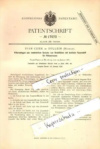 Original Patent - Ivan Cizek in Hullein / Hulin , Mähren , 1881 , Filtereinlage für Filterpresse  !!!