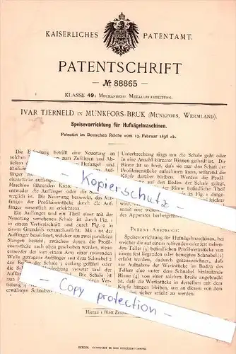 Original Patent - Ivar Tjerneld in Munkfors - Bruk  , 1896 , Speisevorrichtung für Hufnägelmaschinen !!!